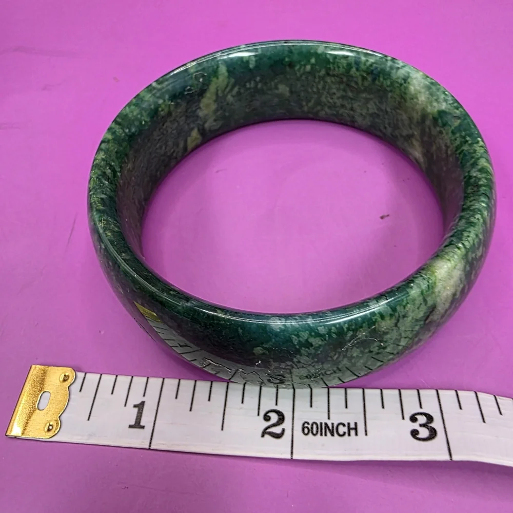 Estate Chinese Green Jade Wide Bangle Bracelet - Picture 9 of 9